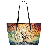 Tree Spirits And Birds In Harmony Leather Tote Bag 3d