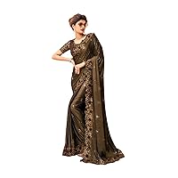 Coffee Wedding Special Embroidered Synthetic Saree Blouse Bridal Heavy Work Sari 3962