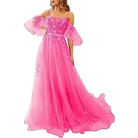 Women's Off Shoulder Sleeve Prom Dresses Tulle Lace Applique Evening Party Dress