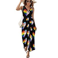 LGBT Rainbow Pride Flag Heart Sleeveless Maxi Dresses Casual Beach Long Sundresses with Cross V Neck for Women Summer
