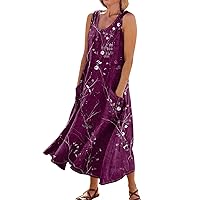 Linen Dress Plus Size Floral Dress for Women 2024 Summer Bohemian Print Casual Loose Fit with Sleeveless U Neck Linen Dresses Dark Purple 4X-Large