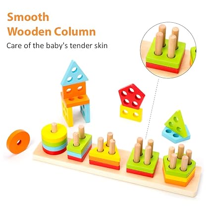 WOOD CITY Wooden Sorting & Stacking Toy, Shape Sorter Toys for Toddlers, Montessori Color Recognition Stacker, Early Educational Block Puzzles for Kids 1 2 3 Years Old Boys and Girls (5 Shapes)