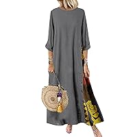 YMING Womens 3/4 Sleeve Crew Neck Maxi Dress Casual Button Long Dresses Vintage Floral Print Loose Fit Dress