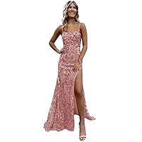 Spaghetti Straps Dusty Rose Prom Dresses 2024 Sparkly Mermaid Sequin Evening Gowns for Women with Slit Size 0