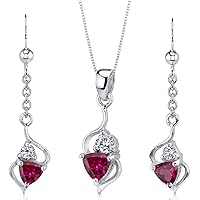 PEORA Created Ruby Pendant Earrings Necklace Set Sterling Silver Trillion Cut 2.25 Carats