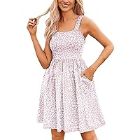 Women's Summer Casual Boho Floral Mini Dress Sleeveless high Waist a line Swing Beach Dress Square Neck Short Dress