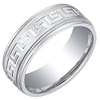 PEORA Men's 7mm Solid 925 Sterling Silver Greek Key Milgrain Wedding Ring Band, Brushed Matte, Comfort Fit Sizes 8 to 16