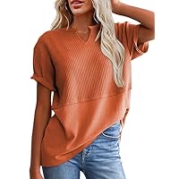 SHEWIN Womens Casual V Neck Waffle Knit Tops Short Sleeve T Shirts Loose Blouses