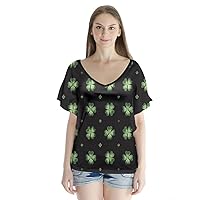 PattyCandy Women's Flutter Sleeve Top V Neck Aloha Hawaiian Leaf Cannabis Pattern Casual Shirt, XS-3XL