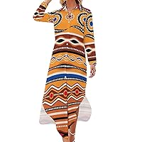 Australian Traditional Ethnic Pattern Women's Shirt Dress Long Sleeve Button Down Shirts Dress Casual Loose Maxi Dresses