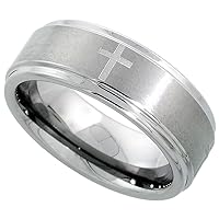 Tungsten Carbide 8 mm Flat Wedding Band Ring Satined Center Etched Crosses Recessed Edges, Sizes 7 to 14