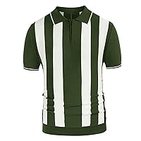 Mens Casual Polo Shirts Summer Casual Short Sleeve Color Blocking Stripe Zipper Turndown Collar Knitting Pullover Tops