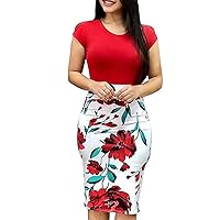 Dress Womens FashionSexy O-Neck Short Sleeve Splicing Flower Printing Buttock Dress(M, Red)