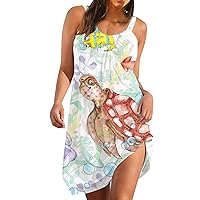 Maternity Dress Summer Flowy,Summer Women Sleeveless Cartoon Pattern Tank Vest Dress Boho Casual Beach Straps S