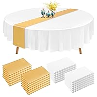 Pesonlook 12 Pcs Plastic Disposable Tablecloths Round 84 inch with 12 Pcs Satin Table Runner Gold 12x108 Inch, Waterproof Tablecloths for Party Wedding Banquet Restaurant Baby Shower