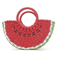 Semi-circle Rattan Watermelon Straw Handbags, Hand-woven Summer Fruit Shape Beach Straw Bag with Round Handle for Women
