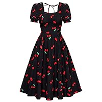 Belle Poque Vintage Dress for Women 1950s Cottagecore Cocktail Dresses Square Neck Puff Sleeve Dress with Pockets