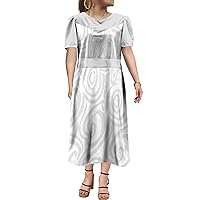New Mumu Short Sleeve Dress White Design Polynesian Tribal Print Women's Long Dress
