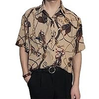 Summer Style Elegant Smooth Soft Retro Loose Modern Printed Chiffon Short Sleeved Flower Shirt for Men