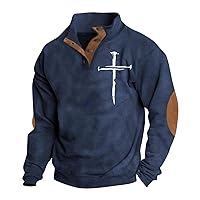 Long Sleeve Shirts for Men Letter Graphic Stand Collar Button Sweatshirt Outdoor Polo Pullover with Elbow Patches