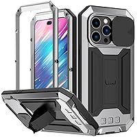Armor Aluminum Metal All Inclusive Phone Cases for iPhone 14 13 Pro Max 13Mini Stand Push Window Lens Protection Cover,Silver,for iPhone 14 Pro