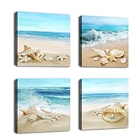 Beach Waves Wall Art Ocean Decor Sands Seashell Starfish Nature Pictures Blue Canvas Artwork Turquoise Wall Art for Bathroom Bedroom Living Room Office Kitchen Wall Decor 12