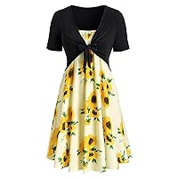 Wedding Guest Dresses for Women,Beach Dresses for Women Two Piece Outfits Fashion Bowknot Bandage Top Sunflowe
