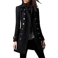 Womens Mid Long Wool Blend Coats Notched Lapel Collar Double Breasted Pea Coat Fall Winter Jackets Overcoat