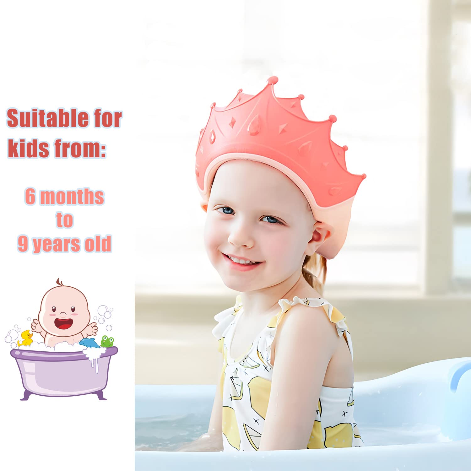 Baby Shower Cap Shield, Shower Cap for Kids, Visor Hat for Eye and Ear Protection for 0-9 Years Old Children, Baby Hair Washing Guard, Baby Bath Hat Cute Crown Shape Makes the Baby Bath More Fun