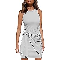 Women 2024 Summer Sleeveless Tank Dresses Crew Neck Slim Fit Short Casual Ruched Bodycon Party Club Mini Dress