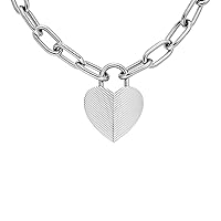 Fossil Women's Harlow Linear Texture Heart Stainless Steel Pendant Necklace, Color: Silver (Model: JF04657040)
