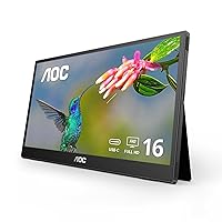 AOC 16T3EA 16'' Class USB-C Ultra-Slim Portable Monitor with IPS Panel, Full HD 1920x1080 Resolution, Built-in kickstands for Portrait/Landscape View, PC/MacBook, VESA Mount, Carrying Bag Included