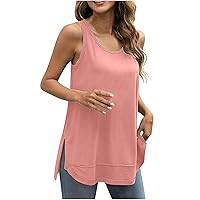 Womens Tank Tops Loose Fit,Side Slit Scoop Neck Sleeveless Tops Solid Color Casual Fitted Shirt Summer Vest Tees