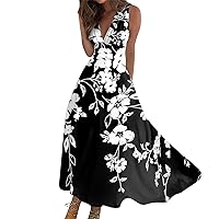 Dresses for Women 2024 Summer Floral Print Maxi Dress Flowy Wrap V Neck Sundresses Sleeveless Elegant Beach Dress