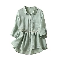 Women's Cotton Linen Peplum Tunic Tops Half Sleeve Ruffle Hem Babydoll Tops Casual Button Down Shirts Plain Blouses