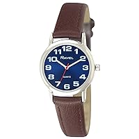 Ravel Women's Easy Read Watch with Big Numbers - Brown/Silver Tone/Sunray Blue Dial