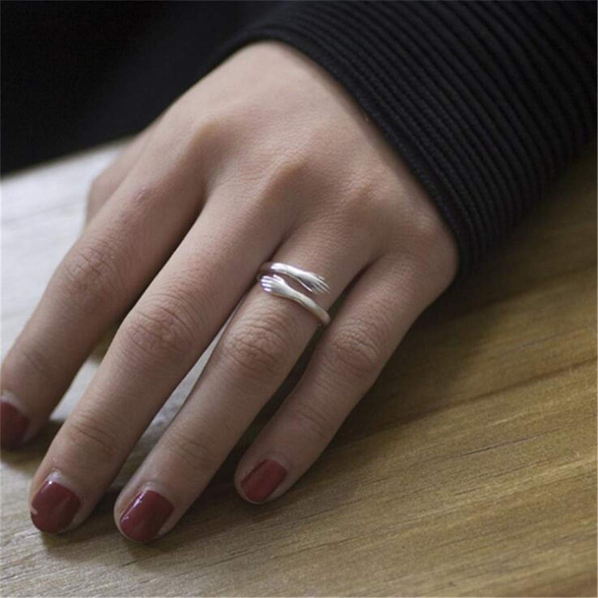 Qordelia 925 Pure Silver Rings Hugging Hands Open Ring Jewelry for Women Girls, Adjustable