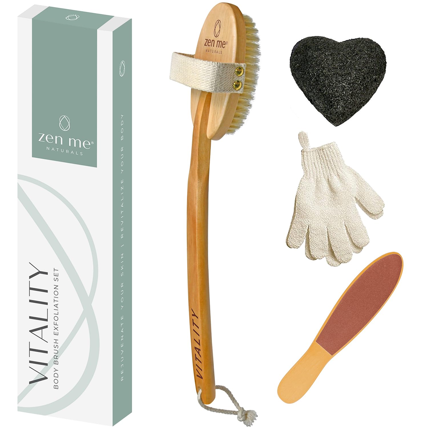 ZEN ME Dry Brushing Body Brush Set for Lymphatic Drainage - Natural Exfoliation Kit with Premium Boar Bristle Brush, Exfoliating Gloves, Konjac Facial Sponge & Foot File, for Bath or Shower