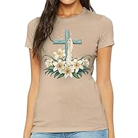 Easter Lily Flowers with Cross Slim Fit T-Shirt - Easter Design Apparel - Religious Gift Idea
