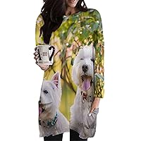 Westie Floral Women's Long Sleeve T-Shirt Dress with Pockets Crewneck Tunic Top