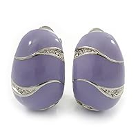 C-Shape Lavender Enamel Diamante Clip-On Earrings In Rhodium Plating - 18mm Length