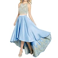 Women's Hi-Low Formal Dresses Satin Lace A-Line Two Piece Prom Dresses with Pockets Sky Blue