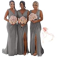 MllesReve Women's Draped V-Neck Chiffon Bridesmaid Dress with Split