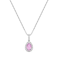 9x6mm Pear Lab Created Pink Sapphire & Round Lab Grown White Diamond Solitaire Halo Teardrop Pendant Necklace with 18 inch Silver Chain for Women in 925 Sterling Silver