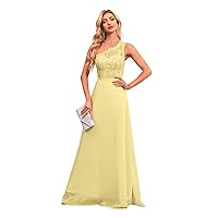 One Shoulder Bridesmaid Dresses with Pockets Long Lace Bodice A-Line Chiffon Formal Party Gown