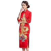 Qipao Women Silk Chinese Hand Embroidered Phoenix Peony Cheongsam Traditional Wedding Evening Dress