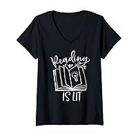Womens Reading Is Lit Funny Book Lover Bookworm Librarian Teacher V-Neck T-Shirt
