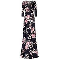 Women's Super Stretchy Maxi Party Dress Spring Floral Print Faux Wrap 3/4 Sleeve V-Neck