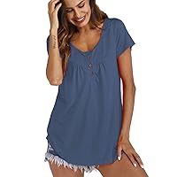 Womens Button Down Short Sleeve Henley Shirts Solid Color Casual T-Shirts Blouses Tops