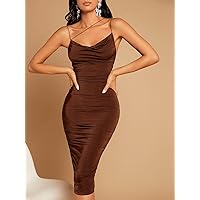 Dresses for Women Asymmetrical Neck Draped Front Ruched Bodycon Dress (Color : Coffee Brown, Size : X-Large)